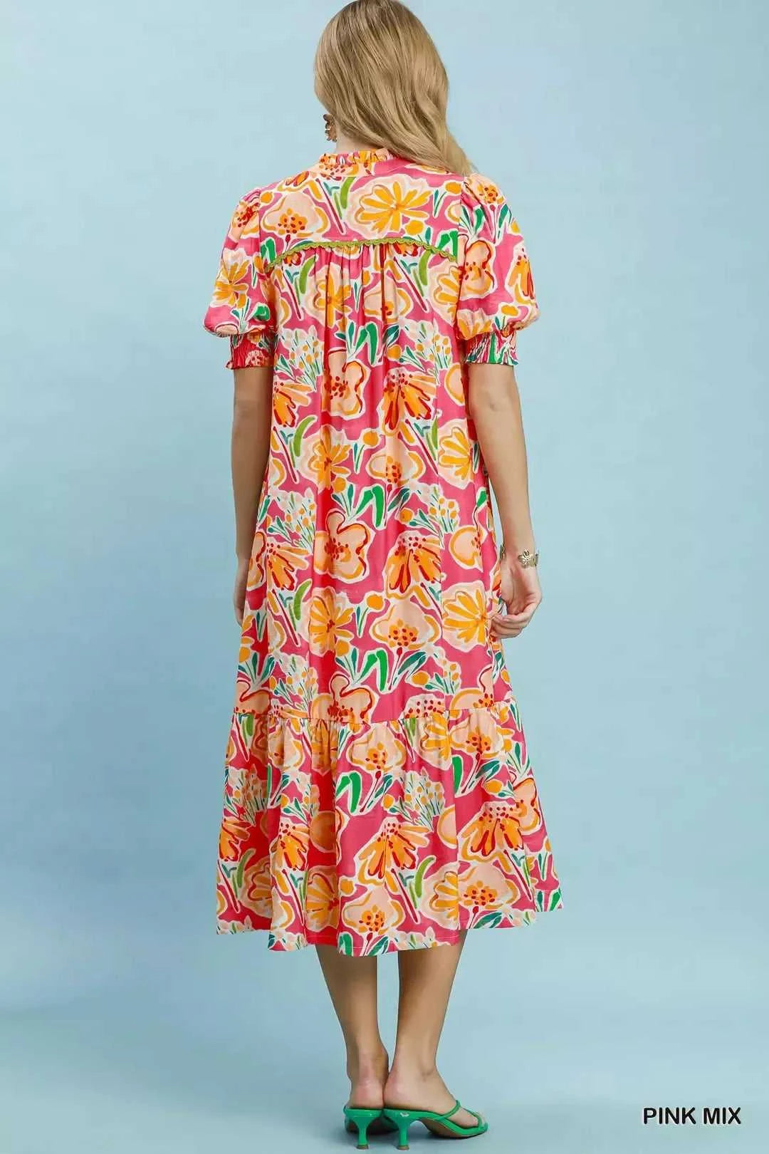 Umgee Floral Print Puff Sleeve Tiered Midi Dress 100100170091509 64 Affordable Fashion Under $100 Jerry's Apparel 