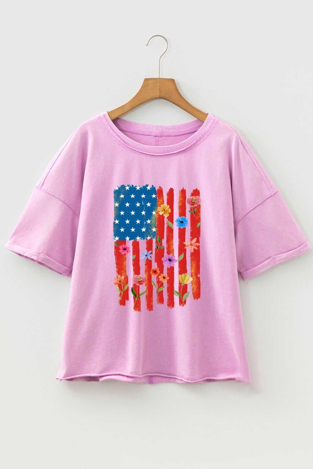Floral American Flag Printed Raw Edge Cotton Tee 100100204962203 54 Affordable Fashion Under $100 Jerry's Apparel 