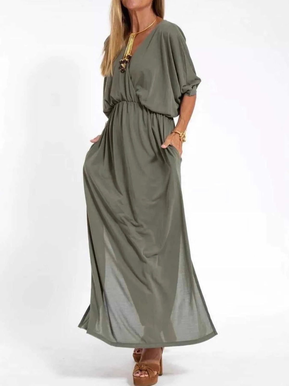 Full Size V-Neck Batwing Sleeve Maxi Dress with Side Slits Plus Size 100100963539918 27 Affordable Fashion Under $100 Jerry's Apparel 