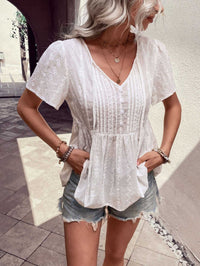 Perfee Tied Decorative Buttons Short Puff Sleeve Blouse 100101146451793 34 Affordable Fashion Under $100 Jerry's Apparel 