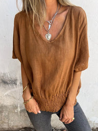 Full Size Smocked Hem V-Neck Relaxed Fit T-Shirt Plus Size