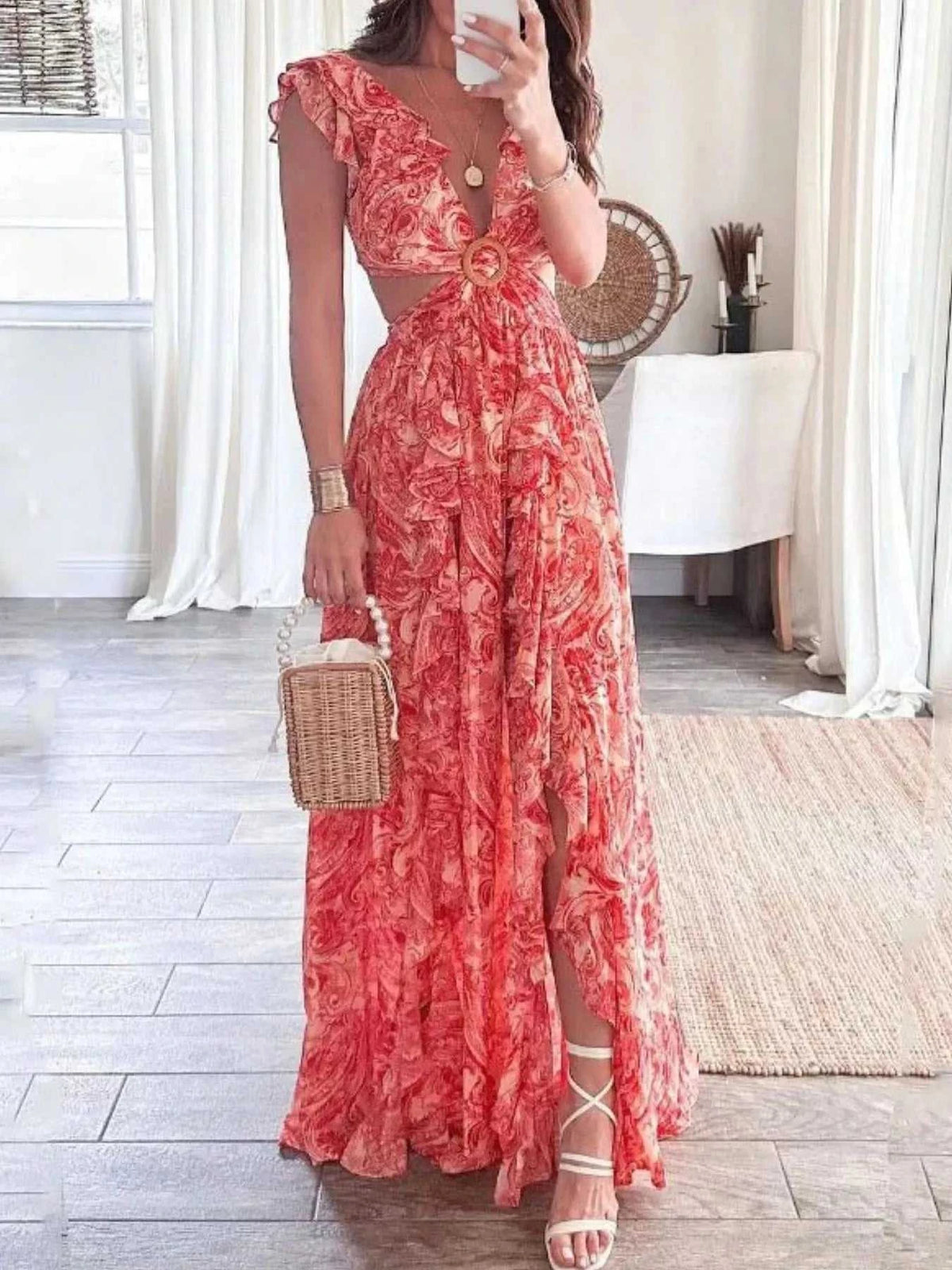 Full Size Ruffled Cutout V-Neck Maxi Dress Plus Size 100100023571871 43 Gifts for Her Jerry's Apparel 