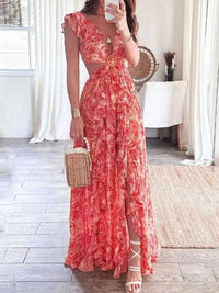 Full Size Ruffled Cutout V-Neck Maxi Dress Plus Size 100100023571871 43 Gifts for Her Jerry's Apparel 