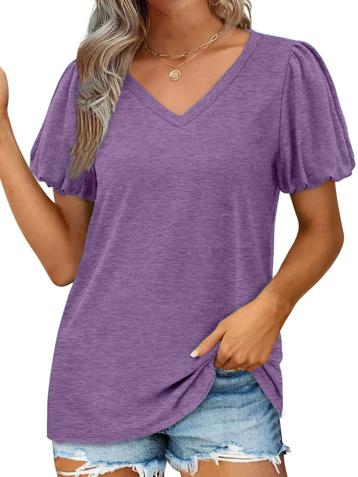 V-Neck Puff Sleeve Casual T-Shirt