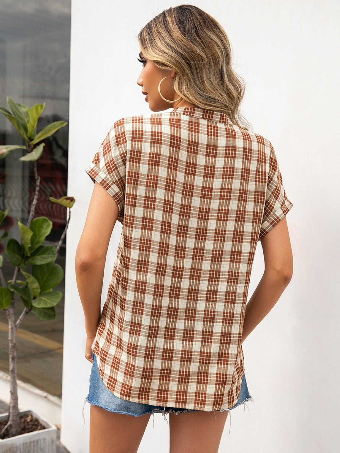 Ivy Lane Plaid Notched Short Sleeve Blouse