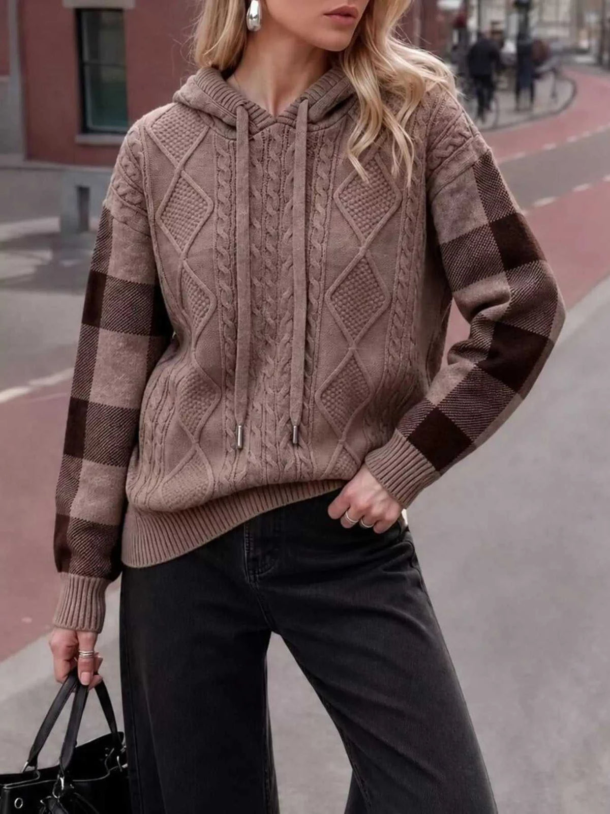 Cable-Knit Plaid Sleeves Hooded Sweater 101002546453697 40 Affordable Fashion Under $100 Jerry's Apparel 
