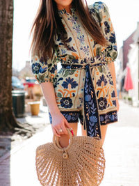 Floral Print Button Front Belted Romper