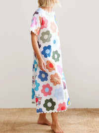 Floral Print Midi Dress with Scalloped Edges