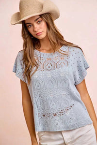 BiBi Washed Eyelet Short Sleeve Breathable Knit Top 100100212911752 43 Affordable Fashion Under $100 Jerry's Apparel 