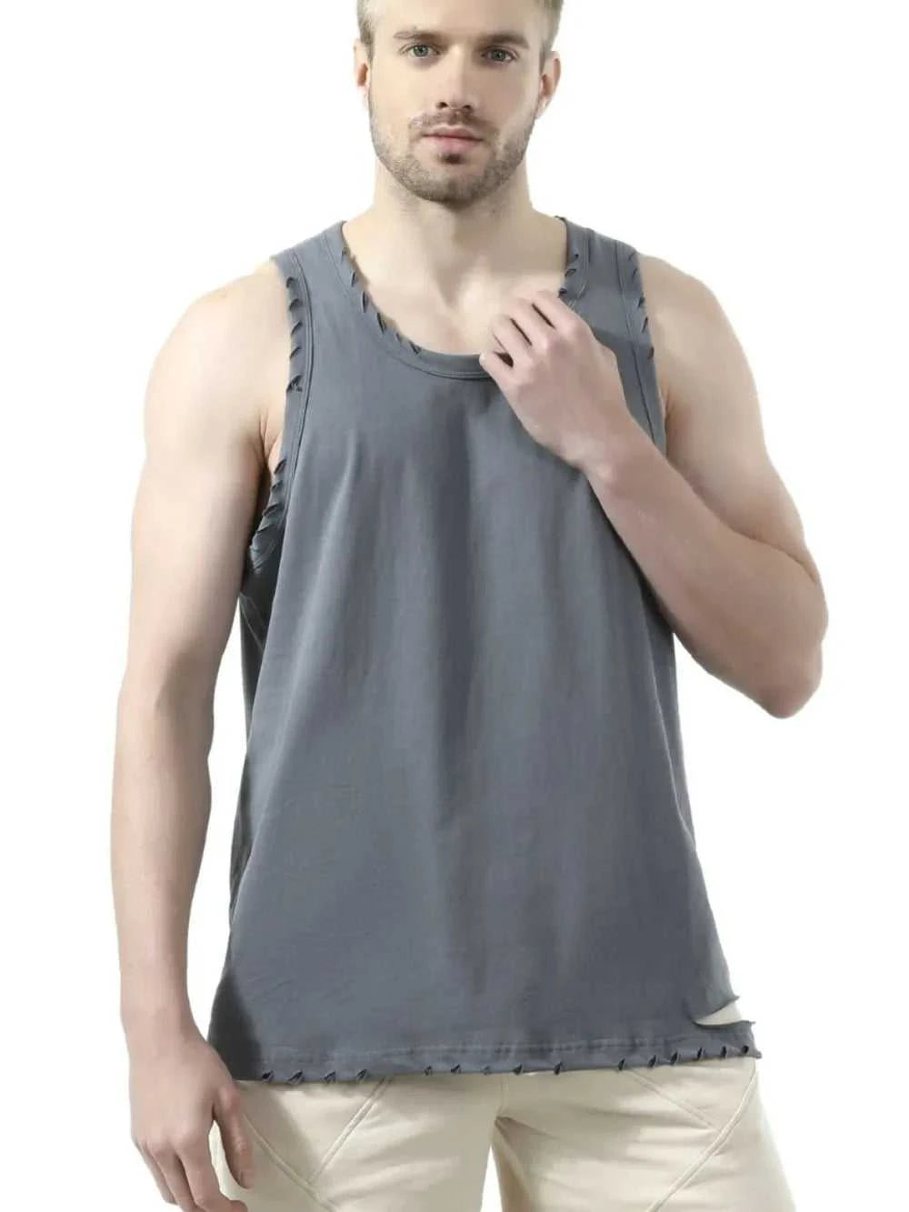 Men's Plus Size Distressed Hem Round Neck Tank 100400419775694 44 Affordable Fashion Under $100 Jerry's Apparel 