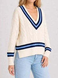 V-Neck Cable Knit Sweater with Contrast Striped Trim 101002074926280 41 Affordable Fashion Under $100 Jerry's Apparel 