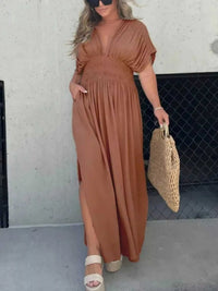 Full Size Slit V-Neck Smocked Waist Maxi Dress Plus Size 100100000480005 59 Gifts for Her Jerry's Apparel 