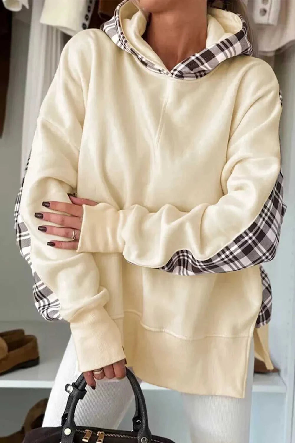 Plaid Side Slit Long Sleeve Hoodie 100100979085993 53 Affordable Fashion Under $100 Jerry's Apparel 