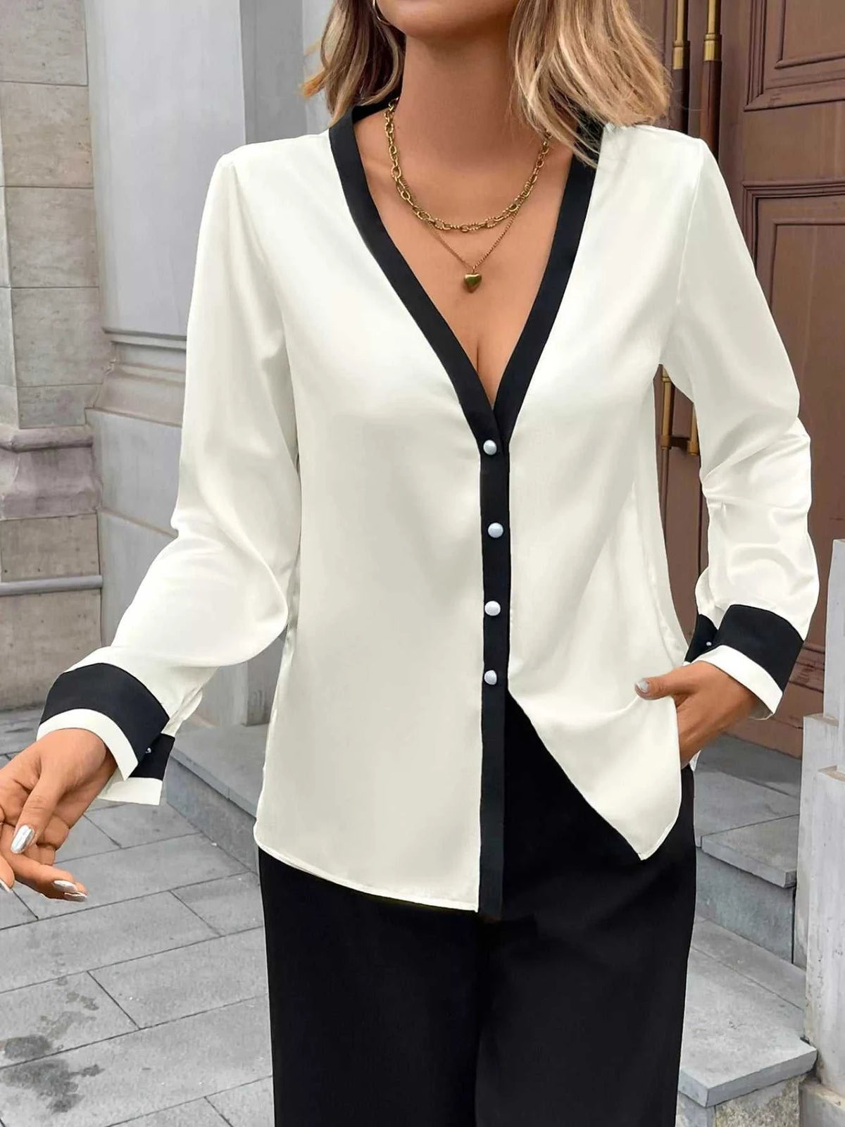 Contrast Trim V-Neck Blouse 100100008554468 36 Affordable Fashion Under $100 Jerry's Apparel 