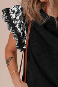 Round Neck Printed Ruffled Cap Sleeve Blouse