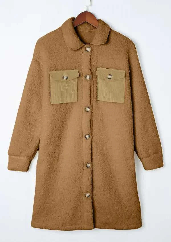 Collared Neck Long Sleeve Longline Teddy Jacket 100100830248539 60 Affordable Fashion Under $100 Jerry's Apparel 