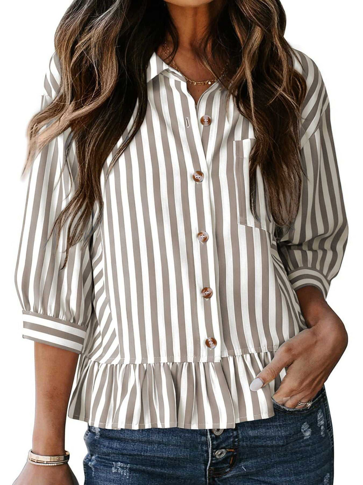 Striped Ruffle Hem Button-Down Shirt 100100634757459 44 Affordable Fashion Under $100 Jerry's Apparel 