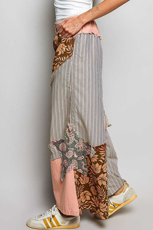 POL Striped Floral Patchwork Wide leg Pants with Side Big Star Patch 100100060771533 59 Affordable Fashion Under $100 Jerry's Apparel 