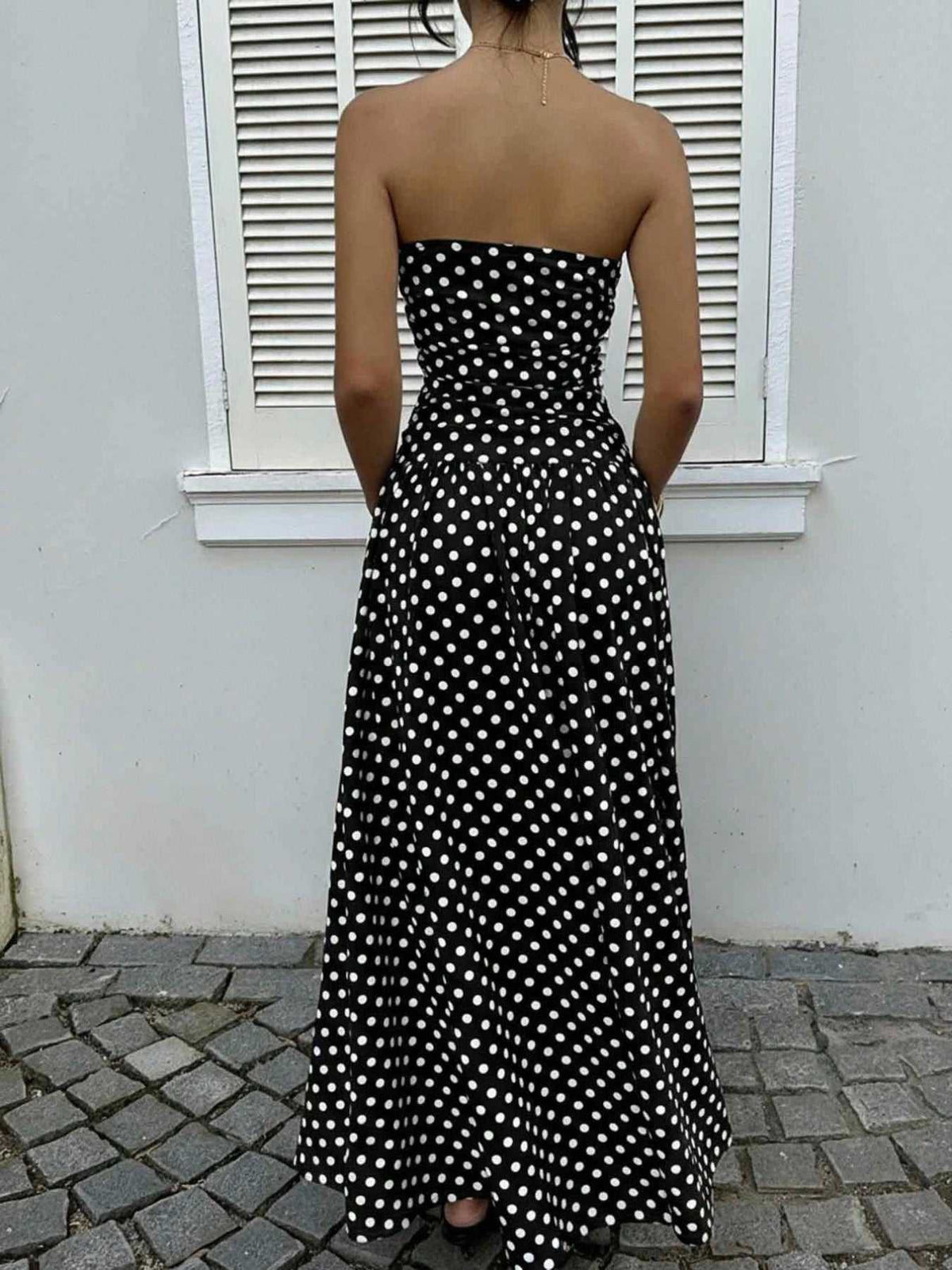 Polka Dot Ruched Strapless Maxi Dress 100100571591283 31 Gifts for Her Jerry's Apparel 
