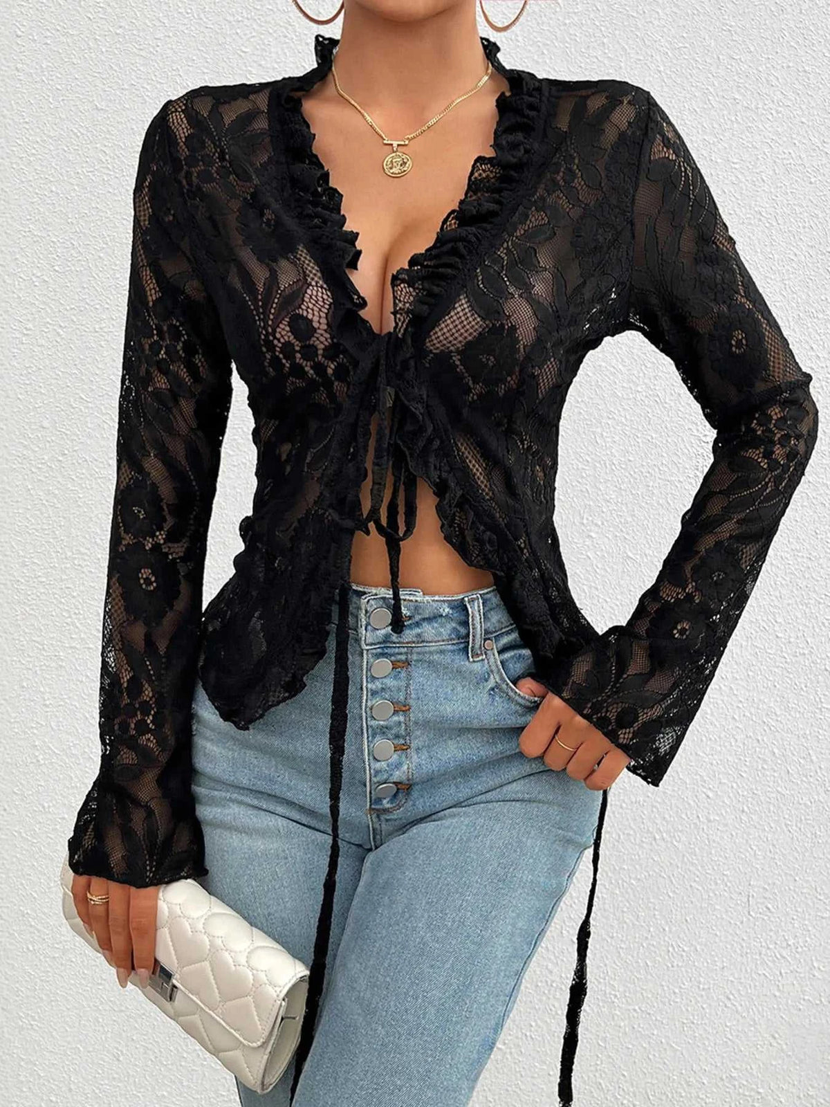 Tie Front Long Sleeve Lace Top 100100498929806 35 Affordable Fashion Under $100 Jerry's Apparel 