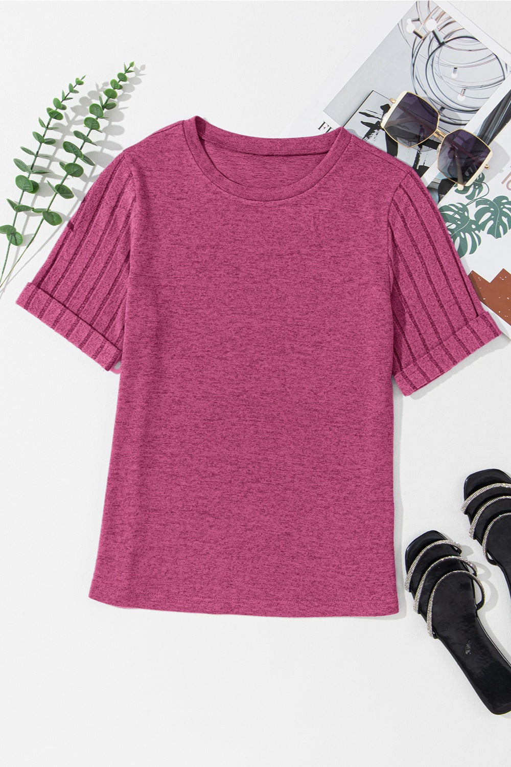 Round Neck Short Sleeve T-Shirt Cerise