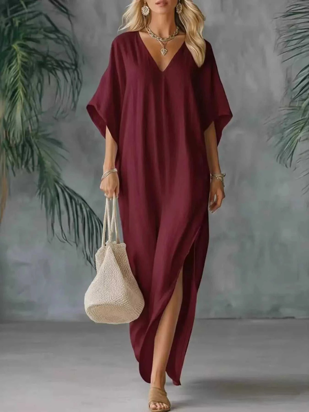 Full Size V-Neck Maxi Dress with Side Slits Plus Size 100100394975559 32 Gifts for Her Jerry's Apparel 