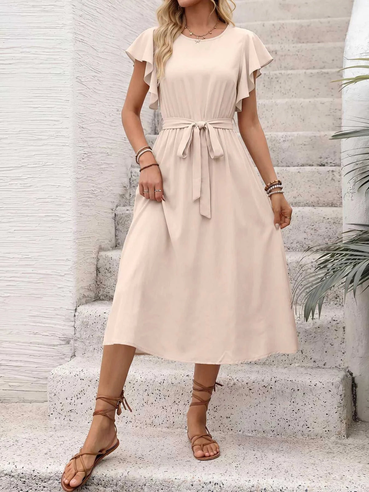 Ruffle Sleeve Tie Waist Midi Dress 100100782574202 39 Women's Midi Dress Affordable Boutique Dresses Under $50 Jerry's Apparel 