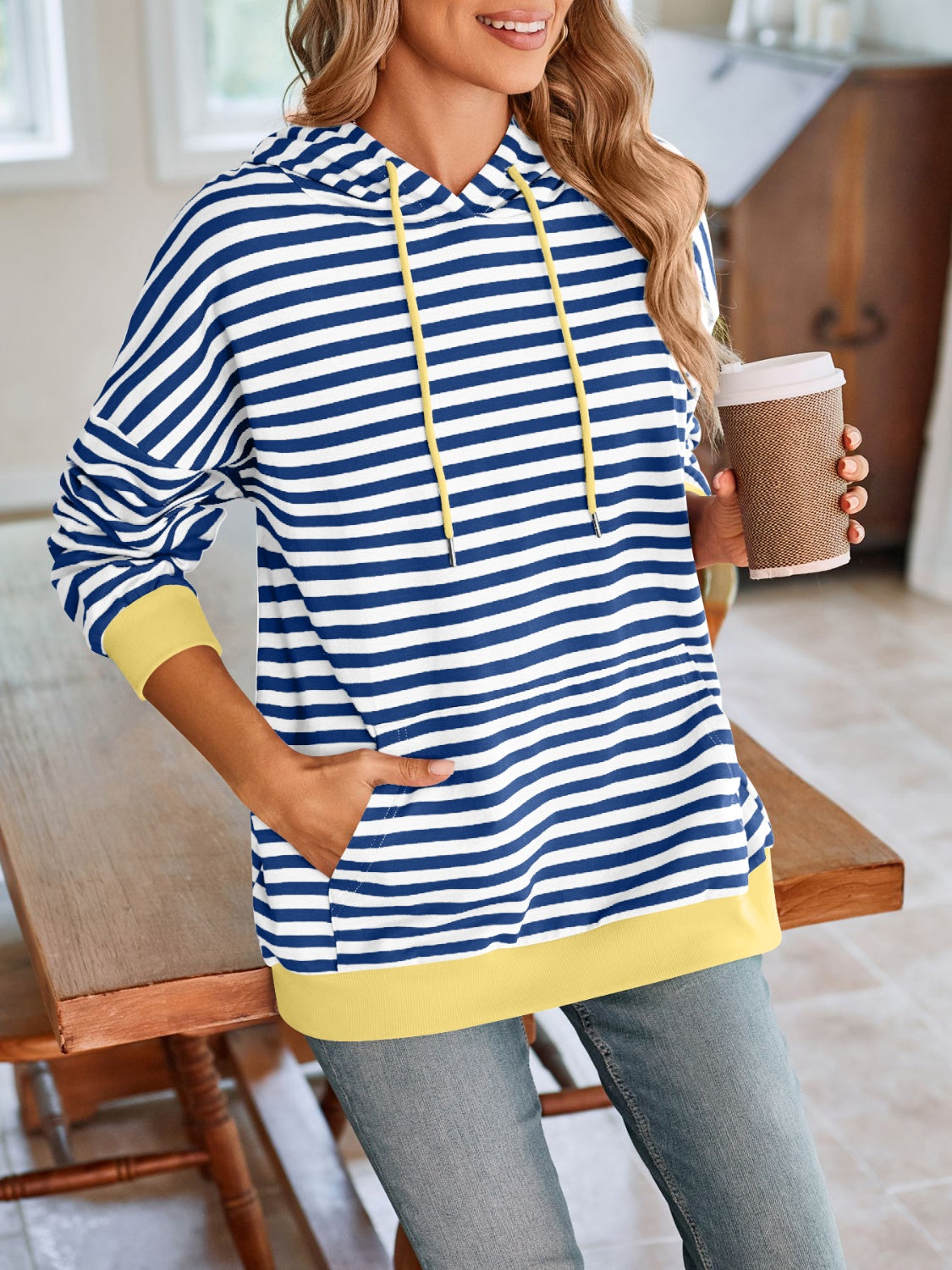 Drawstring Striped Long Sleeve Hoodie