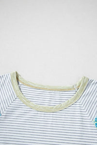 Stripe Floral Insert Sleeves Contrast Round Neck Tee