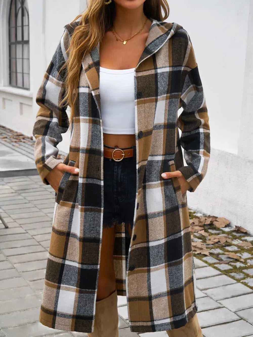 Devine Plaid Long Sleeve Hooded Coat 100100235621127 45 Affordable Fashion Under $100 Jerry's Apparel 