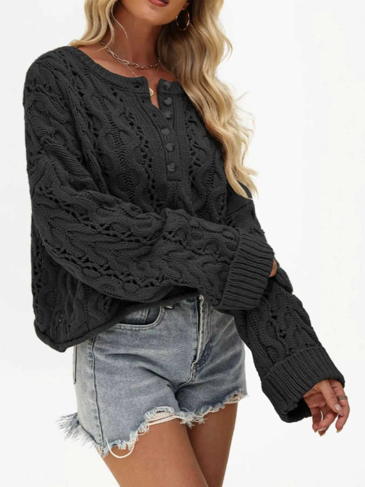Chic Cable Knit Half-Button Openwork Sweater 100100449594474 54 Affordable Fashion Under $100 Jerry's Apparel 