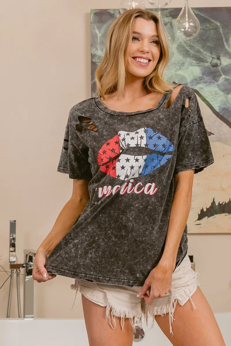 BiBi Laser Cut Mineral Washed Old Glory Lip Print Top