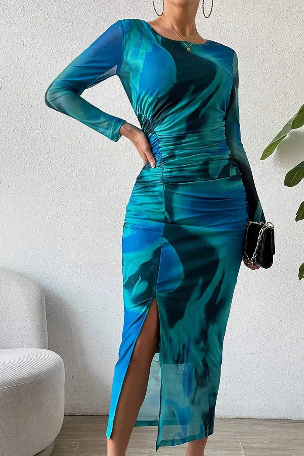 Ruched Tie-Dye Midi Dress with High Slit 100100284841008 19 Affordable Fashion Under $100 Jerry's Apparel 