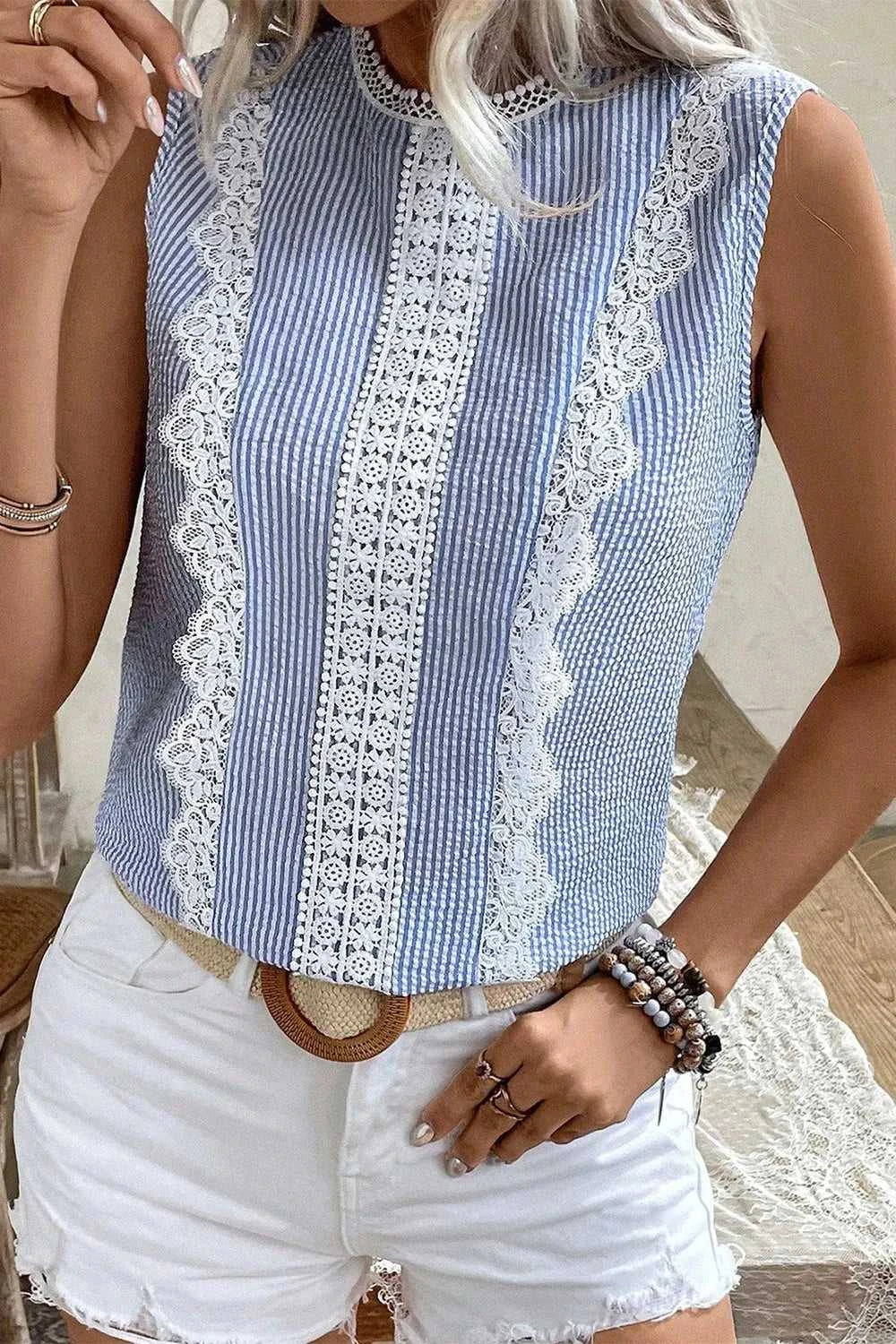 Stripe Lace Patchwork Crew Neck Sleeveless Top 100100306229377 27 Affordable Fashion Under $100 Jerry's Apparel 
