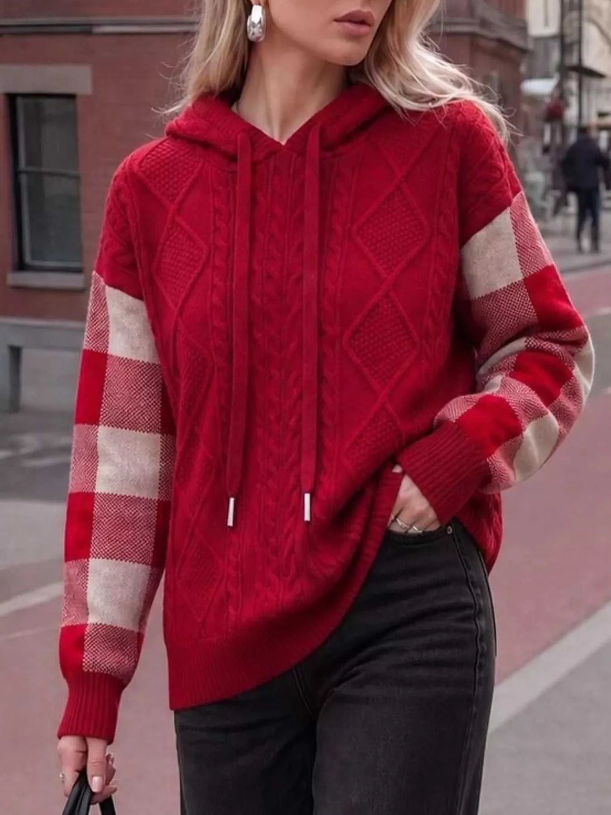 Cable-Knit Plaid Sleeves Hooded Sweater 101002546453697 40 Jerry's Apparel 