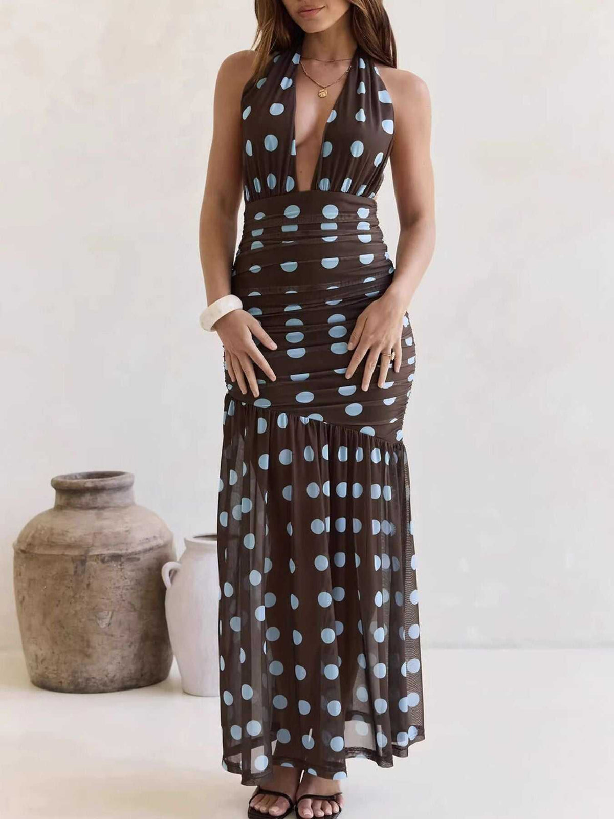 Polka Dot Halter Ruched Maxi Dress 100100900167641 56 Gifts for Her Jerry's Apparel 