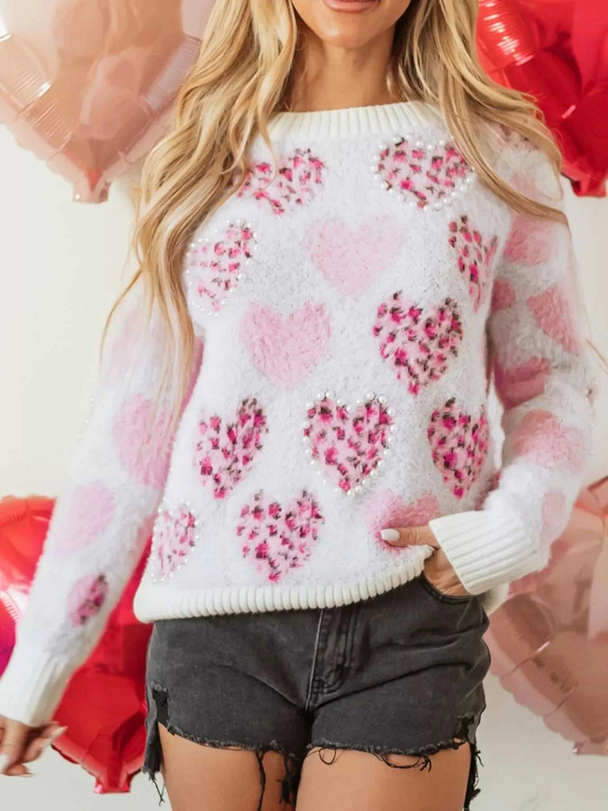 Heart Leopard Pearled Ribbed Trim Fuzzy Sweater 100100337623504 69 Affordable Fashion Under $100 Jerry's Apparel 