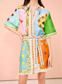 Printed Tie Waist Mini Shirt Dress