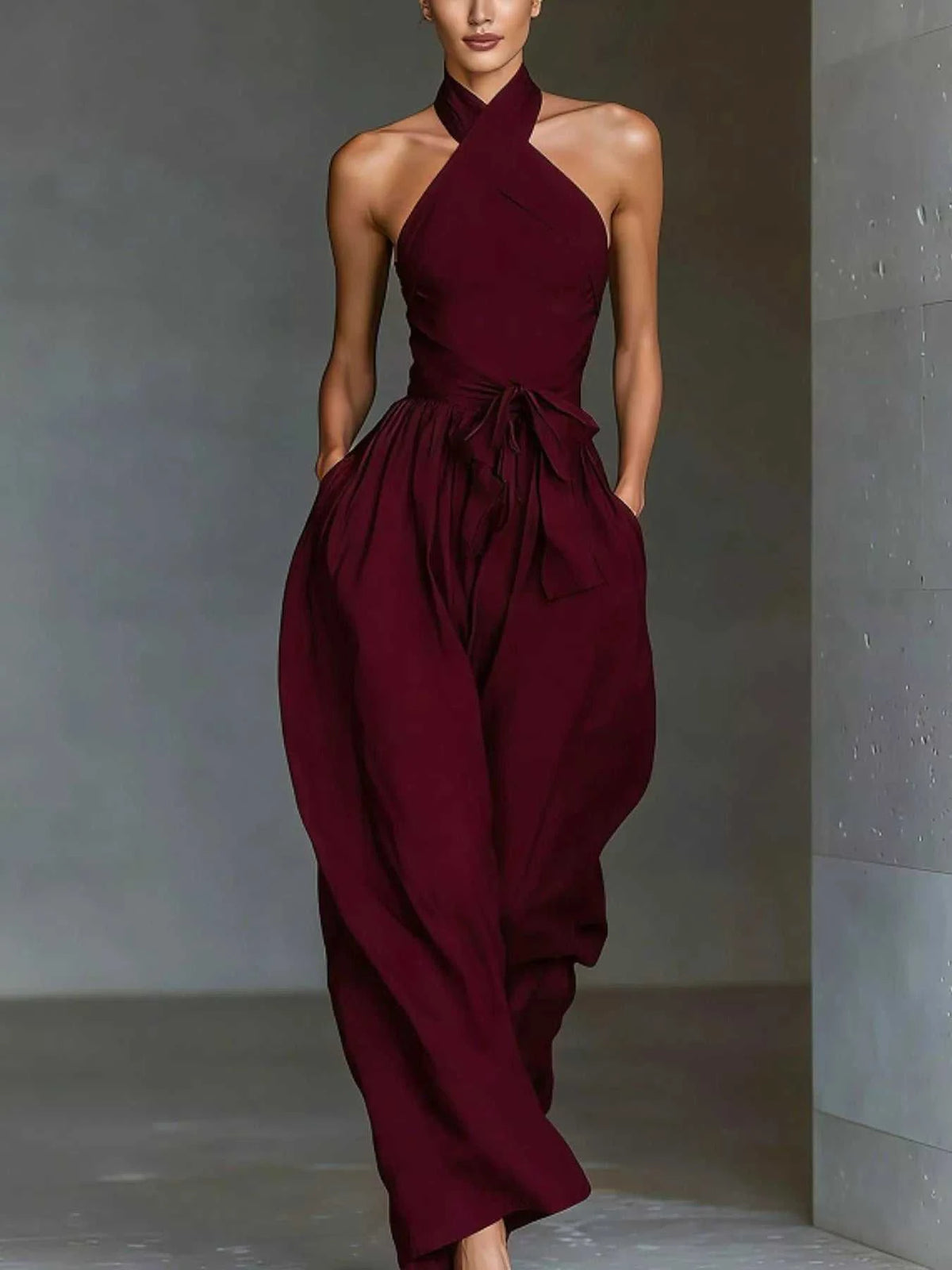 Halter Neck Wide-Leg Jumpsuit with Waist-Tie Detail 101001566820821 48 Affordable Fashion Under $100 Jerry's Apparel 