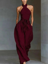 Halter Neck Wide-Leg Jumpsuit with Waist-Tie Detail 101001566820821 48 Affordable Fashion Under $100 Jerry's Apparel 