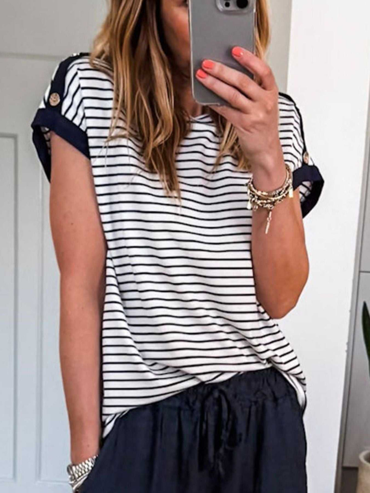 Stripe Cuffed Sleeve Button Decor Loose Tee 100100499247286 29 Affordable Fashion Under $100 Jerry's Apparel 