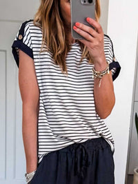 Stripe Cuffed Sleeve Button Decor Loose Tee 100100499247286 29 Affordable Fashion Under $100 Jerry's Apparel 