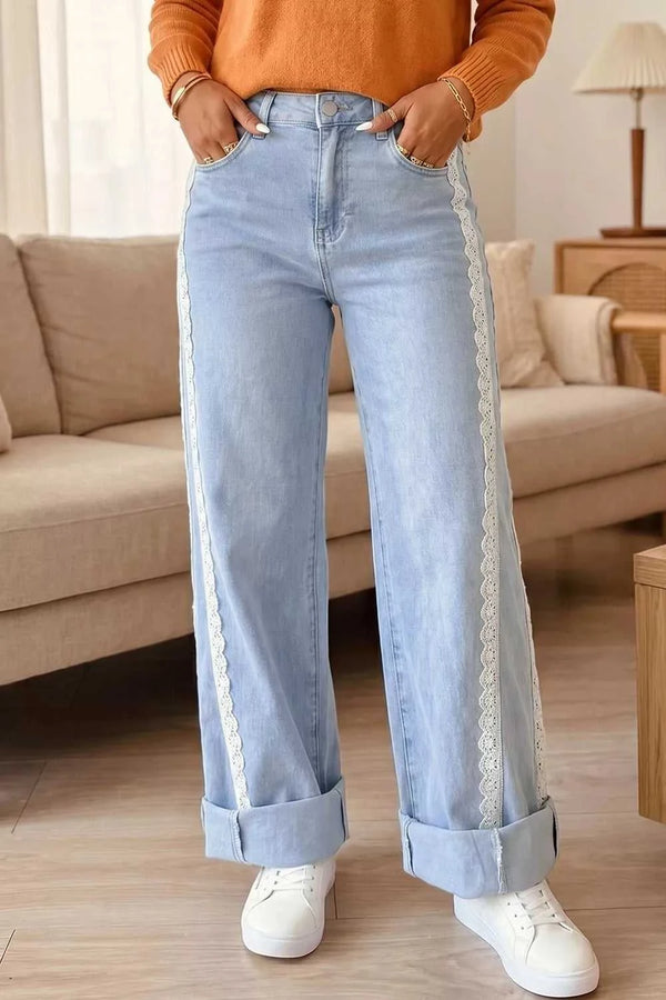 Light Wash Lace Trim Wide Leg Jeans 100100011636868 75 Seasonal Fashion Collections Jerry's Apparel 