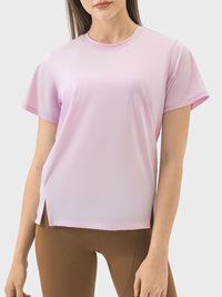 Slit Round Neck Short Sleeve Active T-Shirt