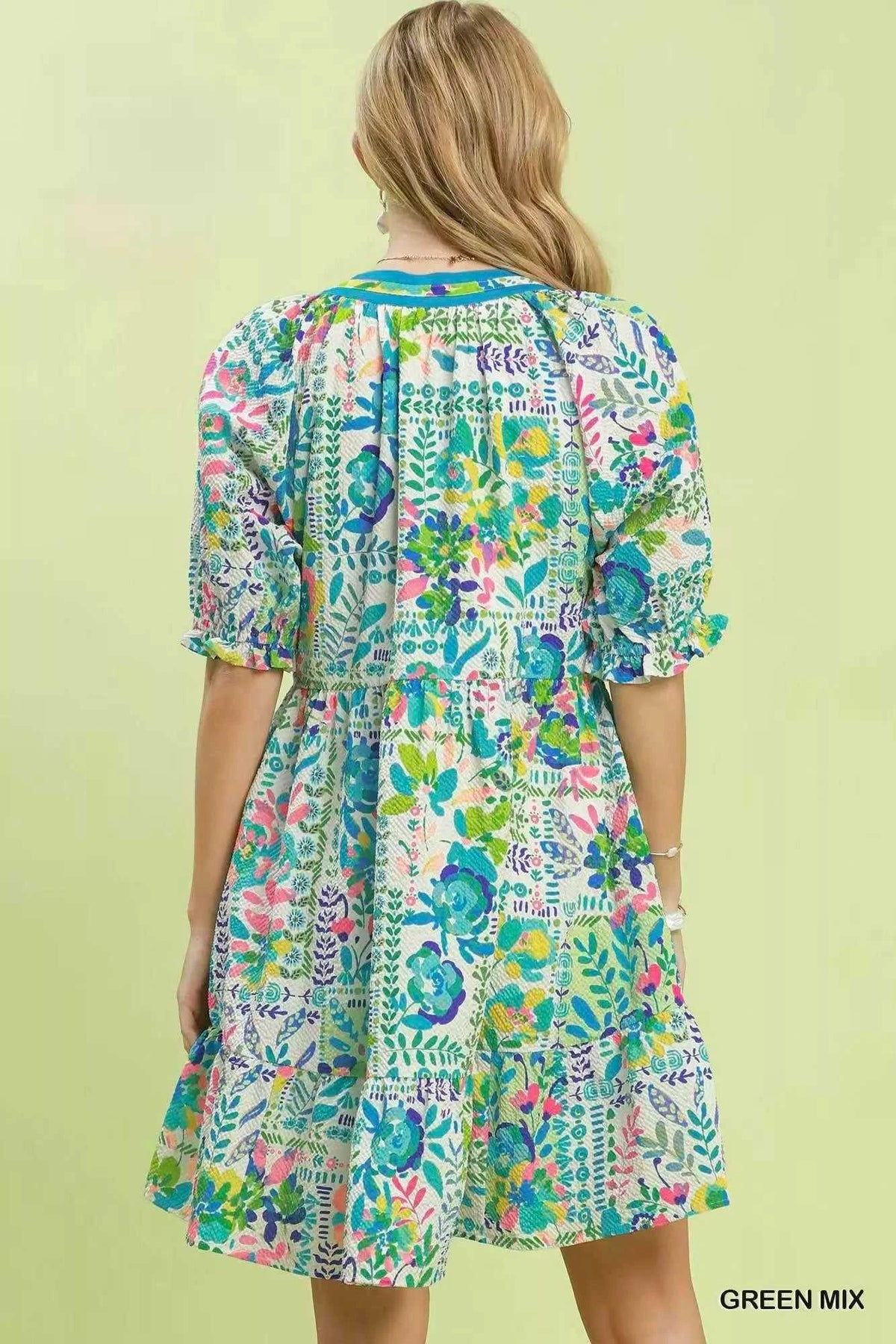 Umgee Mix Botanical Print Puff Sleeve Tiered Dress 100100382521244 62 Affordable Fashion Under $100 Jerry's Apparel 