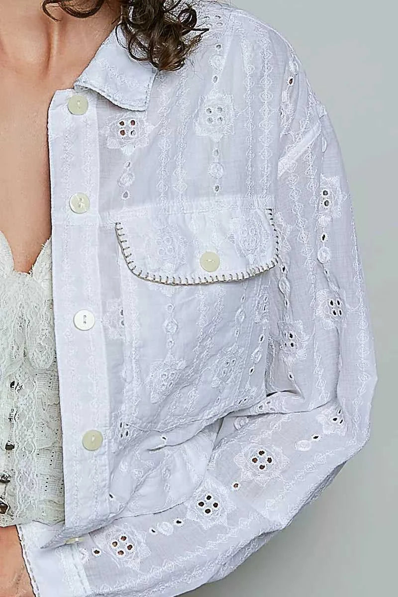 POL Eyelet Textured Cotton Cropped Button Front Jacket 100100580841554 66 Affordable Fashion Under $100 Jerry's Apparel 