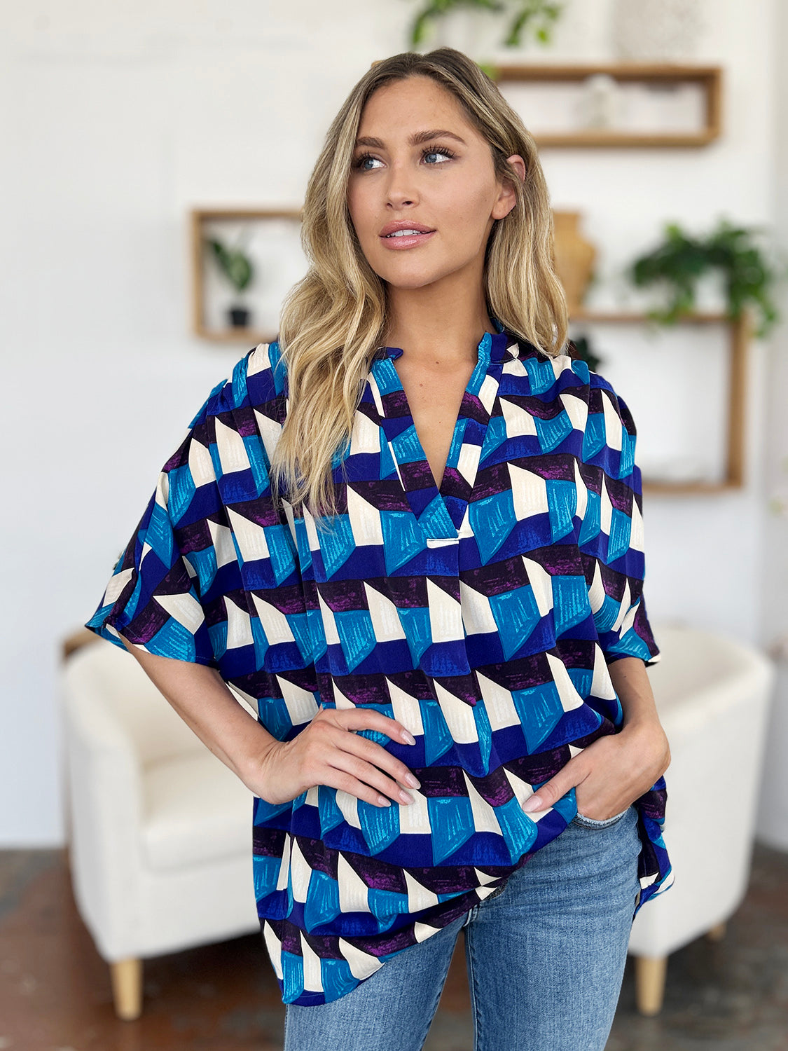 Full Size Geometric Notched Half Sleeve Blouse