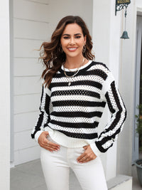 Angel Wings Striped Openwork Round Neck Sweater