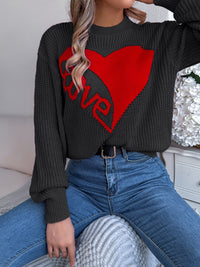 LOVE Heart Round Neck Dropped Shoulder Sweater