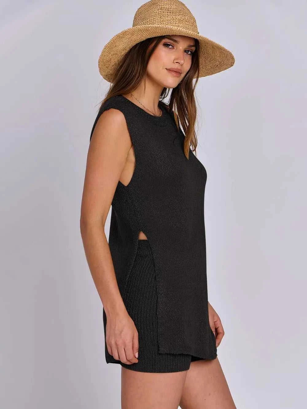 Side Slit Round Neck Tank and Ribbed Shorts Sweater Set 100100101501711 39 Affordable Fashion Under $100 Jerry's Apparel 